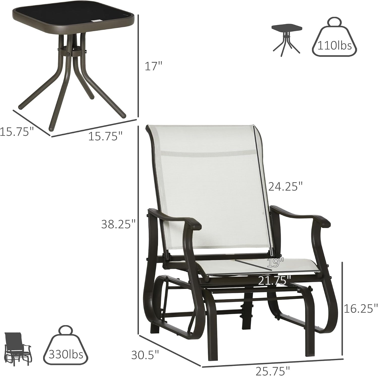 Outsunny 3-Piece Outdoor Gliders Set, Bistro Table and Chairs with Steel Frame, Tempered Glass Top Table for Patio, Garden, Backyard, Lawn, Cream White