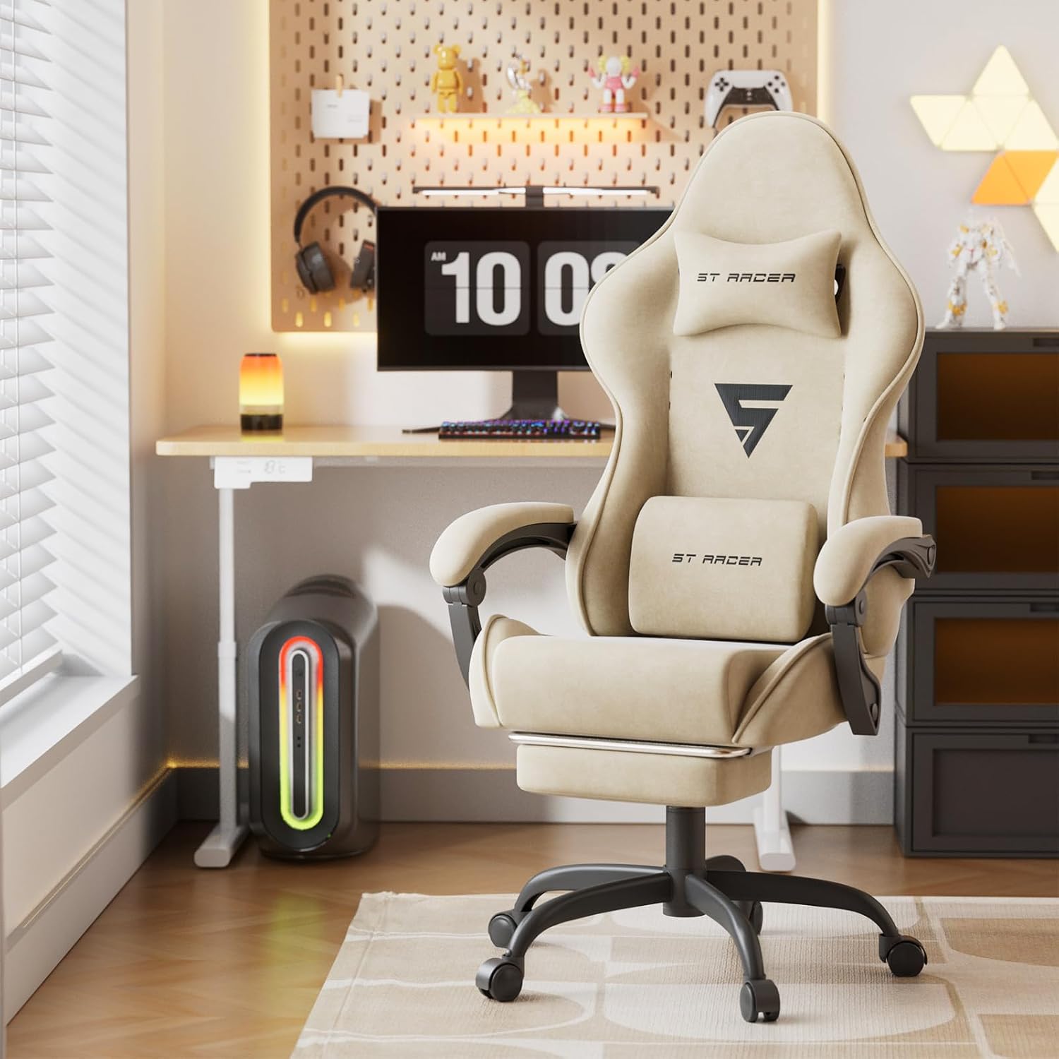 Ferghana Velvet Fabric Ergonomic Gaming Chair with Footrest and Massage, High Back Reclining Computer Gamer Chair for Adult, Racing Style PC Video Game Chair Suitable for Home Office (Beige)