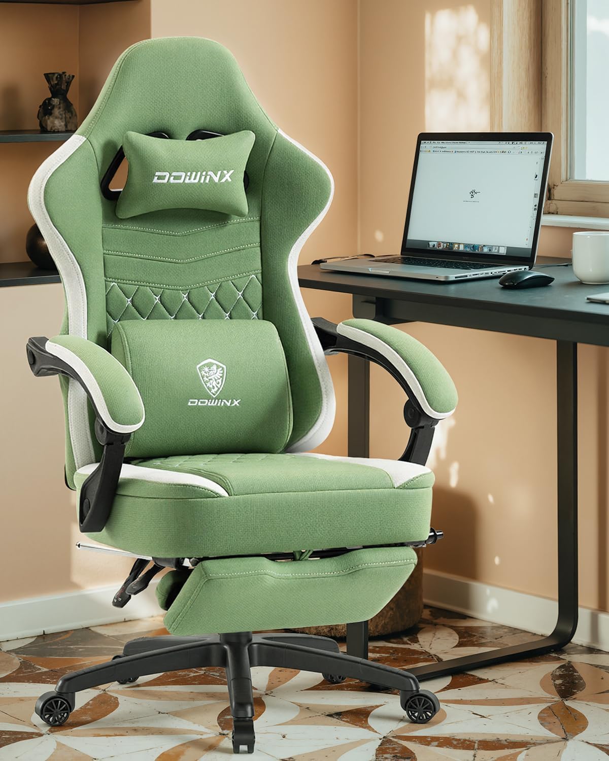 Dowinx Gaming Chair Breathable Fabric Game Chair with Gel Pad and Storage Bag, Comfortable Gamer Chair with Pocket Spring Cushion,Ergonomic Computer Chair with Footrest,Green and White