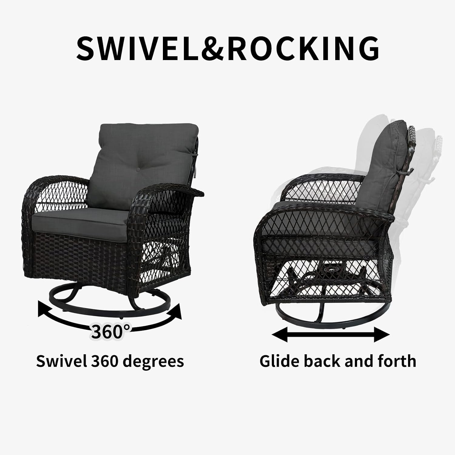 SHGJ&SOFT 3 Piece Patio Furniture Set, 2 Outdoor Swivel Rocking Chairs with Side Table, Wicker Glider Chairs, All-Weather Rattan Bistro Set for Porch, Deck, Pool (Grey, Brown Open-Weave Rattan)