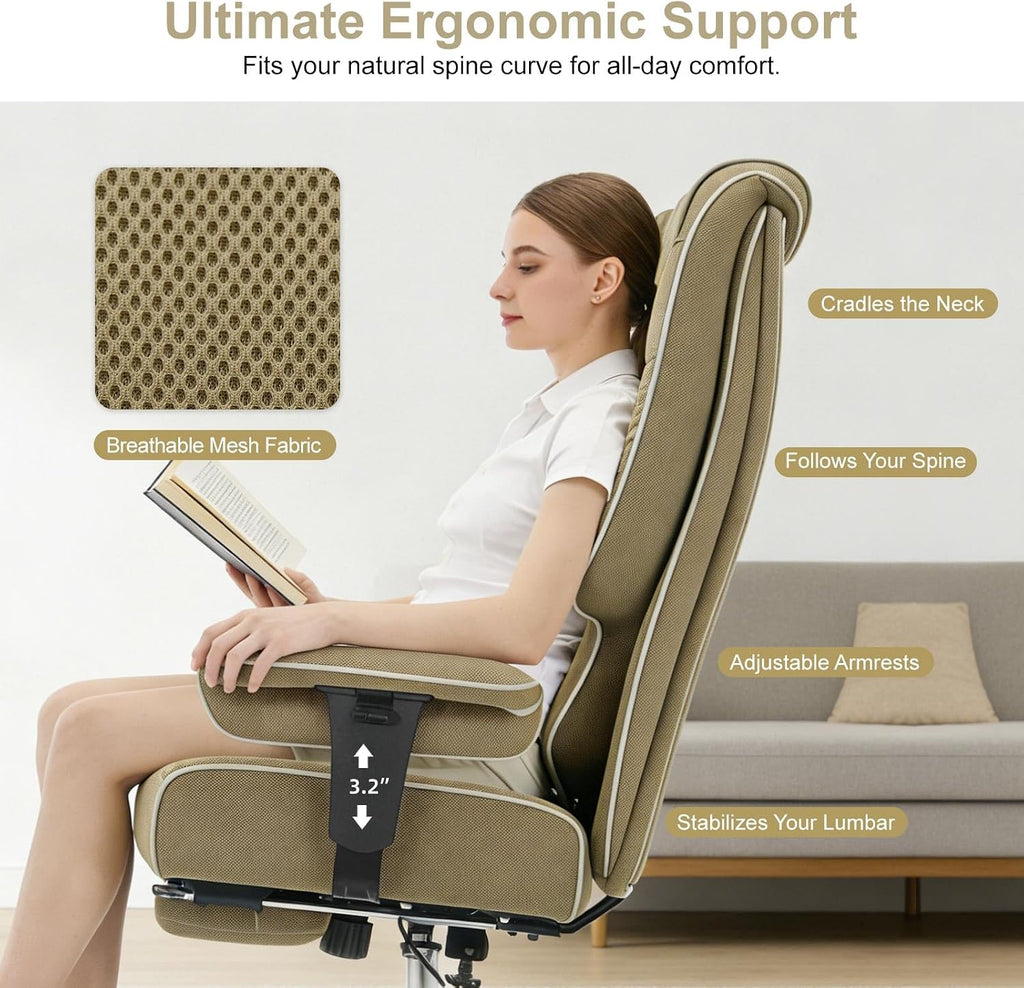 EXCEBET Big and Tall Office Chair 400lbs Wide Seat, Leather High Back Executive Office Chair with Lumbar Support, Ergonomic Chairs Padded Armrests & Thick Cushion (Mesh Green)