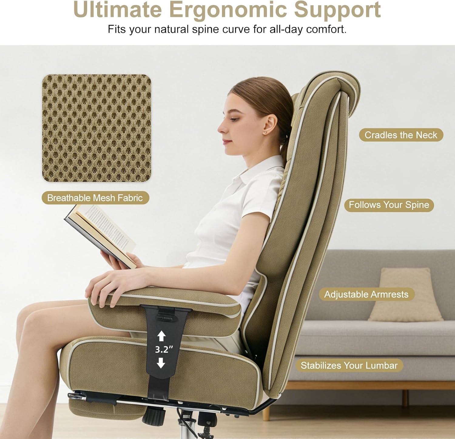 EXCEBET Big and Tall Office Chair 400lbs Wide Seat, Leather High Back Executive Office Chair with Lumbar Support, Ergonomic Chairs Padded Armrests & Thick Cushion (Mesh Green)