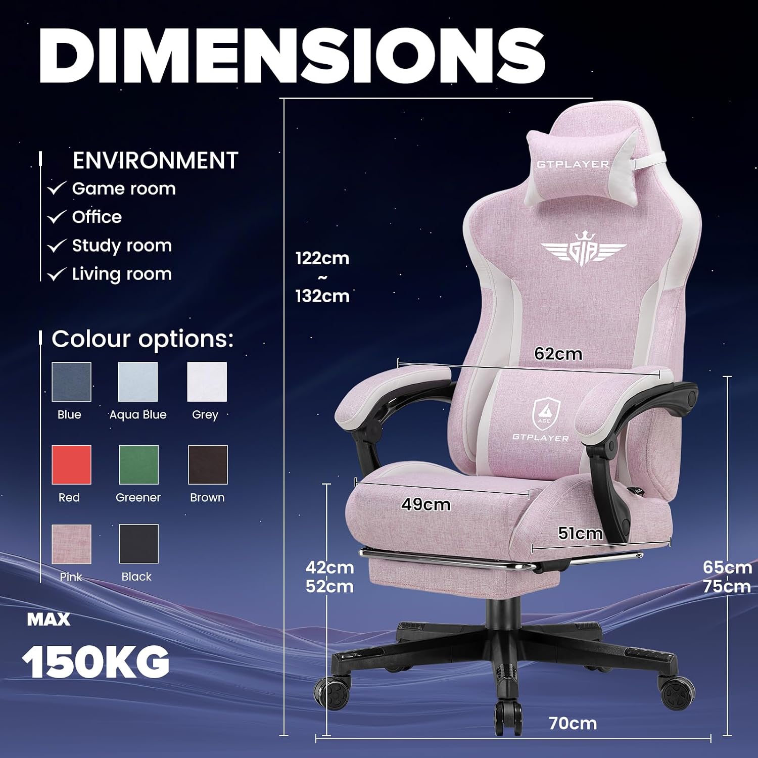 GTPLAYER Gaming Chair, Computer Office Chair Lumbar Support, Linkage Armrests and Footrest, Ergonomic Game Chair for Adults with Extended Backrest, Linen Fabric, Pink