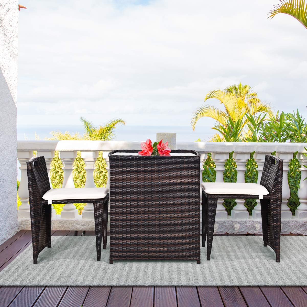 HAPPYGRILL 3 Pieces Wicker Patio Bistro Set, Outdoor Rattan Dining Set, Patio Furniture Set with Cushions for Yard Deck Garden Poolside