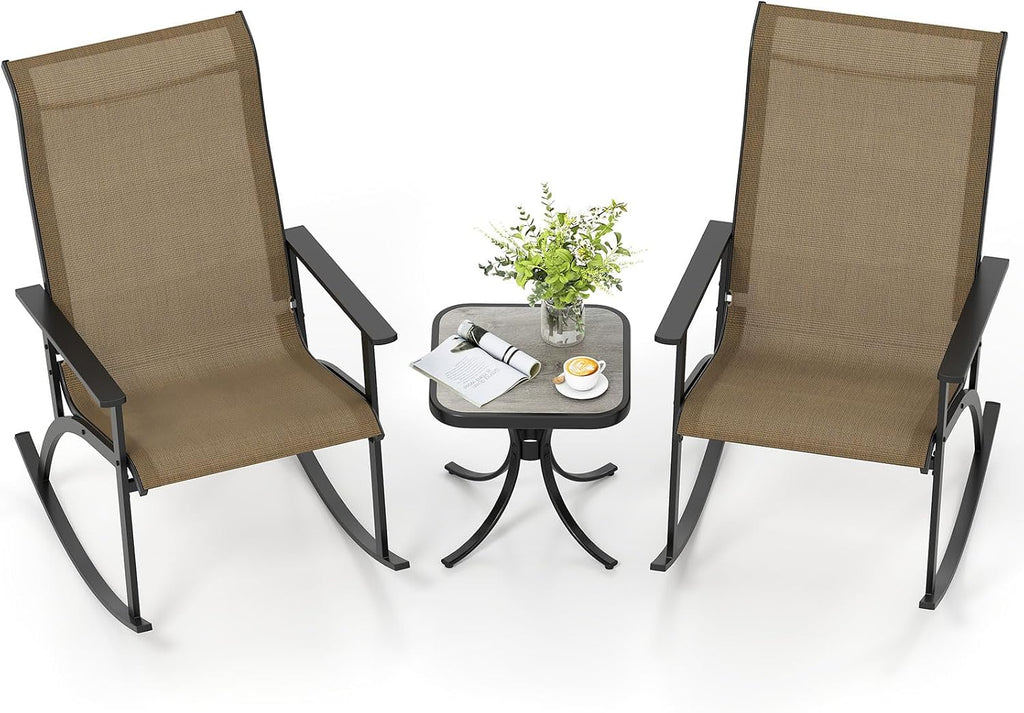 Giantex 3 Piece Rocking Bistro Set, Outdoor Patio Furniture Set with 2 Rocking Chairs & Coffee Table, Cozy Armrests, Heavy-Duty Metal Frame, for Balcony, Porch, Yard, Poolside (Brown)
