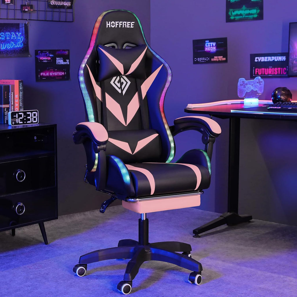 HOFFREE Gaming Chair Massage with Bluetooth Speakers and Led Lights Ergonomic Computer Gaming Chair with Footrest RGB Video Game Chair with High Back Lumbar Support Pink and Black