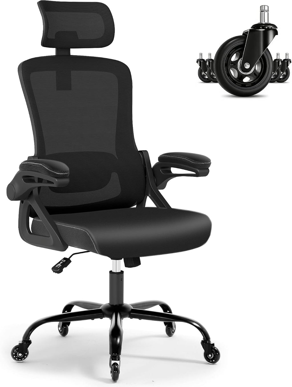 Fizzin Office Chair, Ergonomic Office Chair with Adjustable Headrest Lumbar Support Computer Chair, Desk Chair Comfy with Flip-up Armrests, Gaming Chairs for Adults Home Office (Leather, Black)