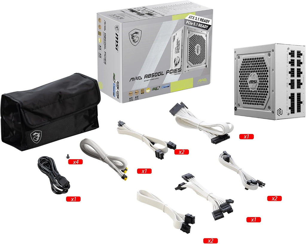 MSI MAG A850GL PCIE5 White, Fully Modular Compact Gaming 850W Power Supply, 80+ Gold, ATX 3.1 & PCIe 5.1 Ready, Native Dual-Color 12V-2x6 Cable, 10 Year Warranty
