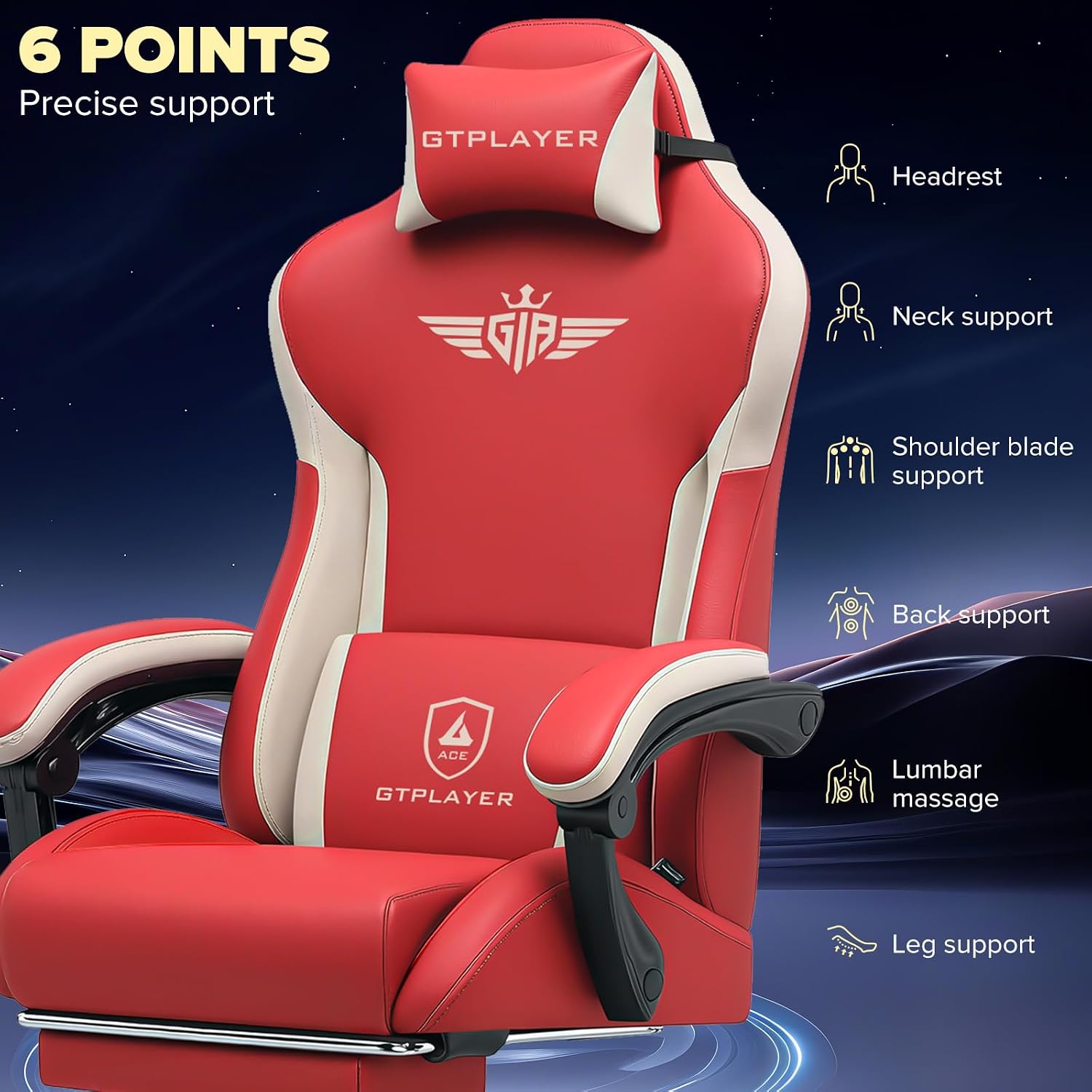 GTPLAYER Gaming Chair, Computer Office Chair Lumbar Support, Linkage Armrests and Footrest, Ergonomic Game Chair for Adults with Extended Backrest, Faux Leather, Red
