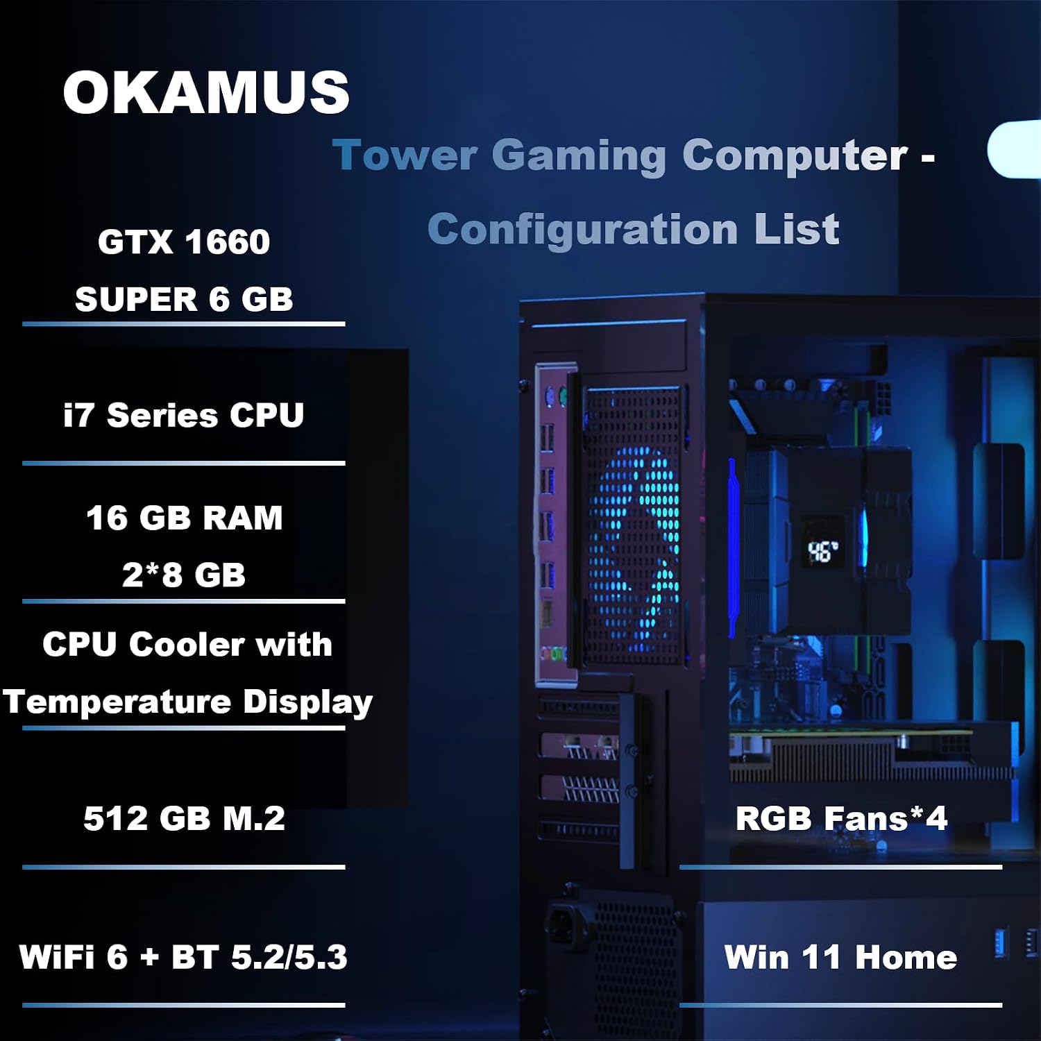 Gaming PC, i7 CPU, GTX 1660 Super 6GB DDR6 Graphics Card, 512 GB M.2, 16 GB RAM Pre-Built Computer, ARGB Fans x 4, Win 11 Home，WiFi 6 + BT 5.3, 550W PSU (GTX 1660S+512GB+16GB)