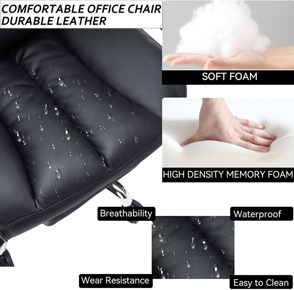 Efomao Big & Tall Office Chair with Footrest, High-Back Leather Executive Desk Chair with Lumbar Support and Padded Armrests, Black