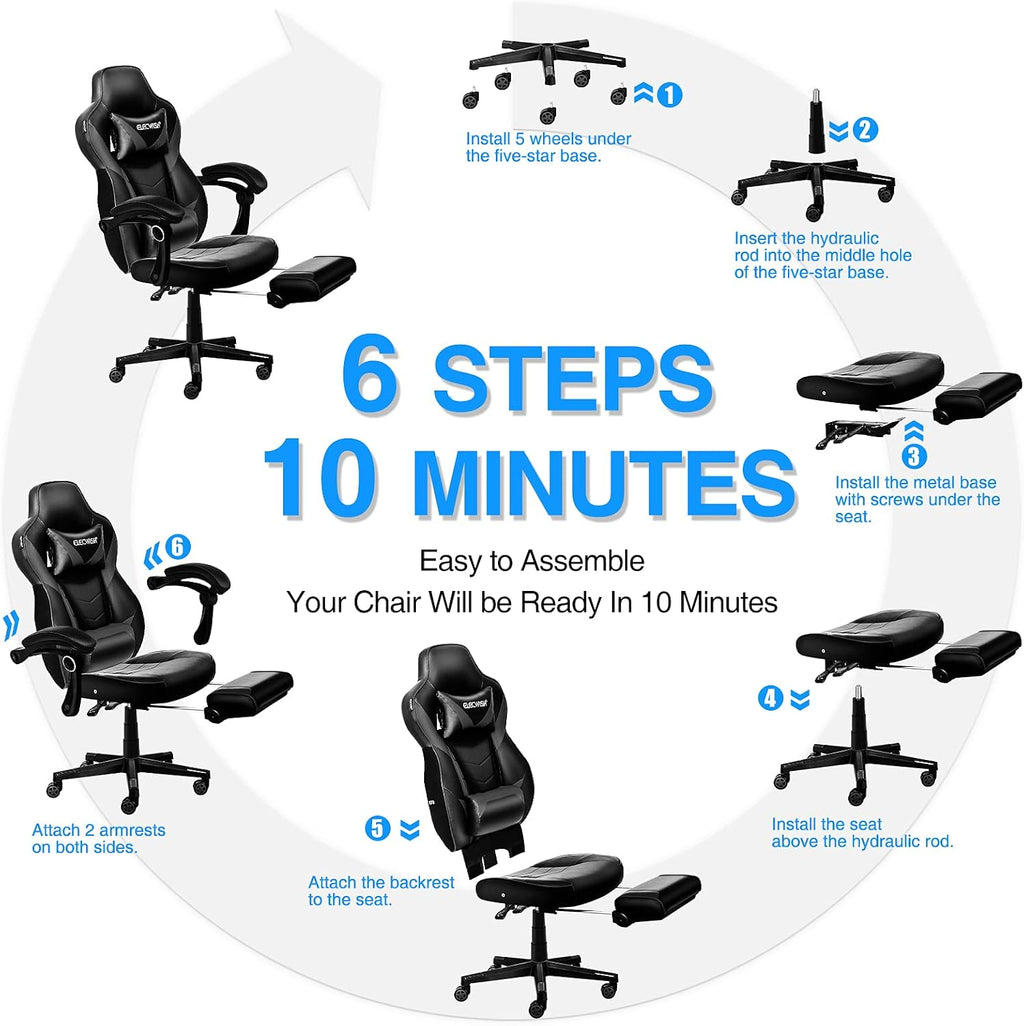 ELECWISH Gaming Chair, Reclining Computer Chair with Footrest and Lumbar Support, High Back Ergonomic for Adults with Headrest PU Leather