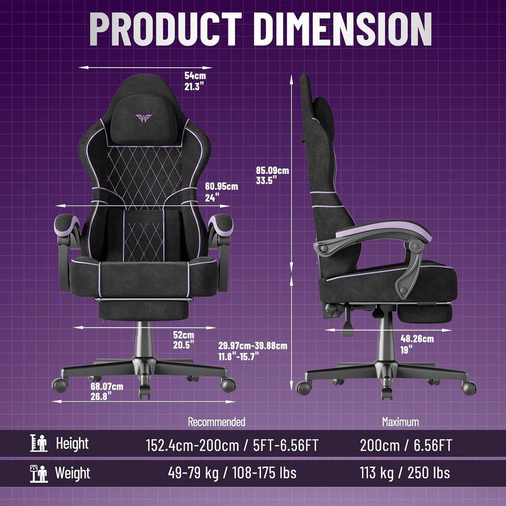 Ferghana Gaming Chair, Velvet Fabric Comfortable Computer Chair with Footrest and Linkage Armrest, Ergonomic High Back Game Chair with Massage Lumbar Support for Adult, Black/Purple