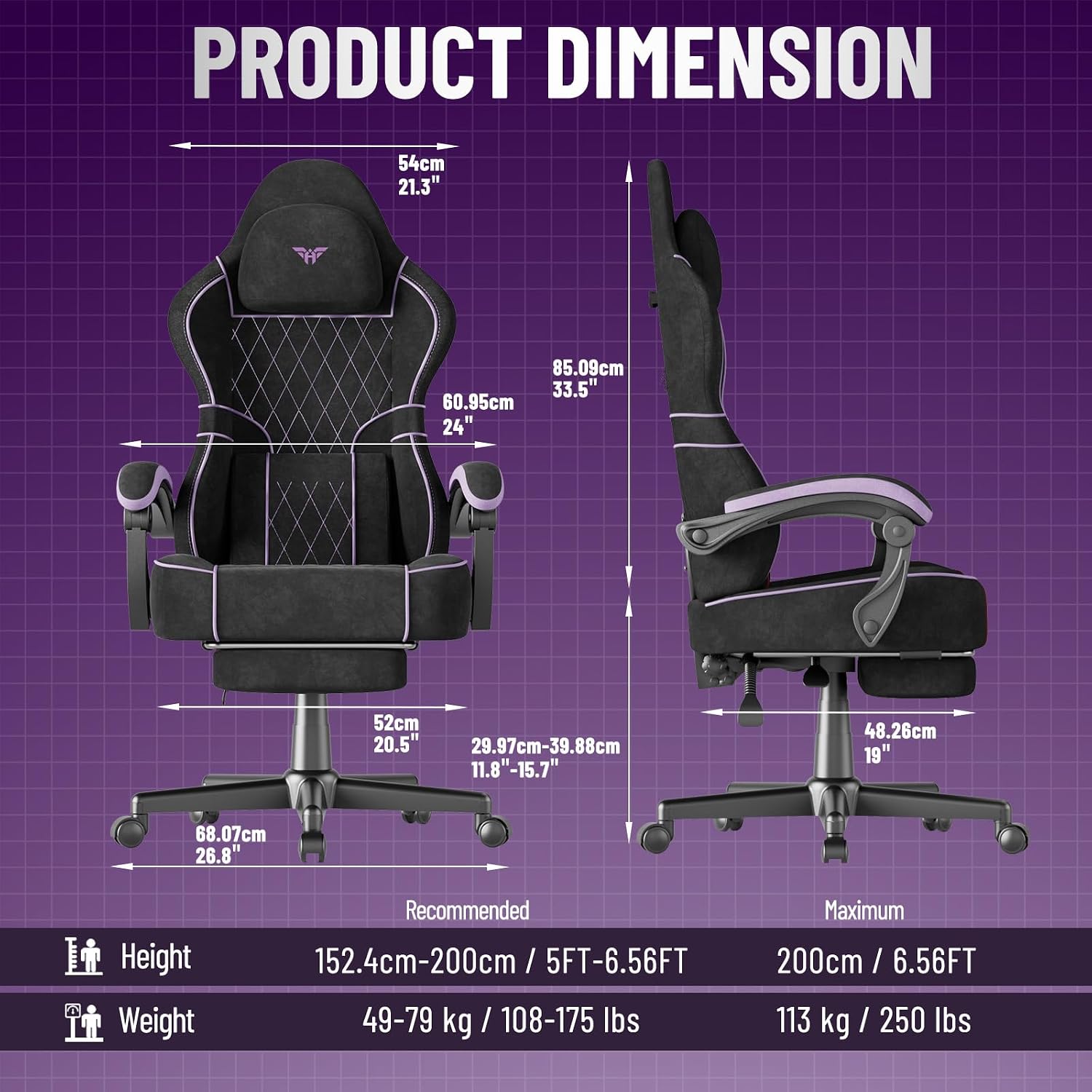Ferghana Gaming Chair, Velvet Fabric Comfortable Computer Chair with Footrest and Linkage Armrest, Ergonomic High Back Game Chair with Massage Lumbar Support for Adult, Black/Purple