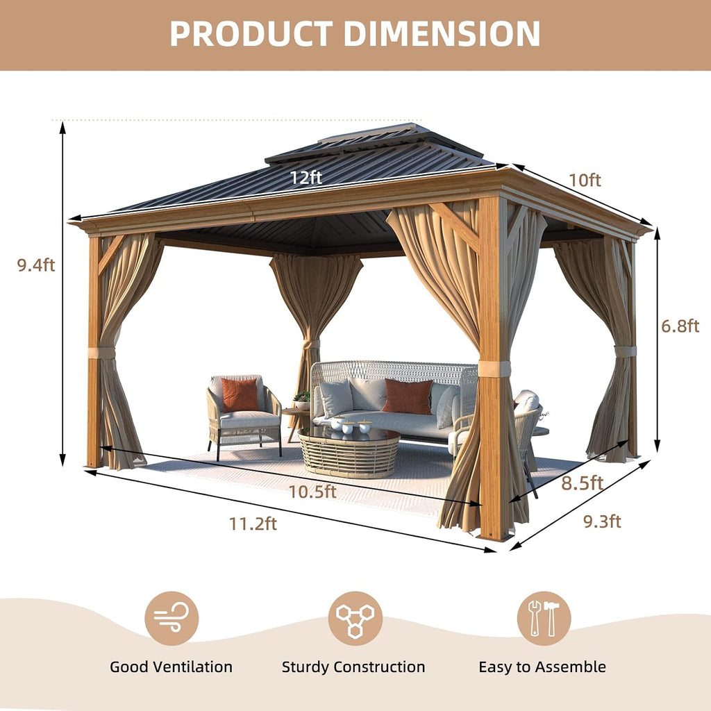 YOLENY 10' x 12' Hardtop Gazebo, Wood-Looking Gazebo with Galvanized Steel Double Roof, Aluminum Frame, Permanent Metal Pavilion with Netting and Curtains for Deck, Backyard, Patio and Lawns