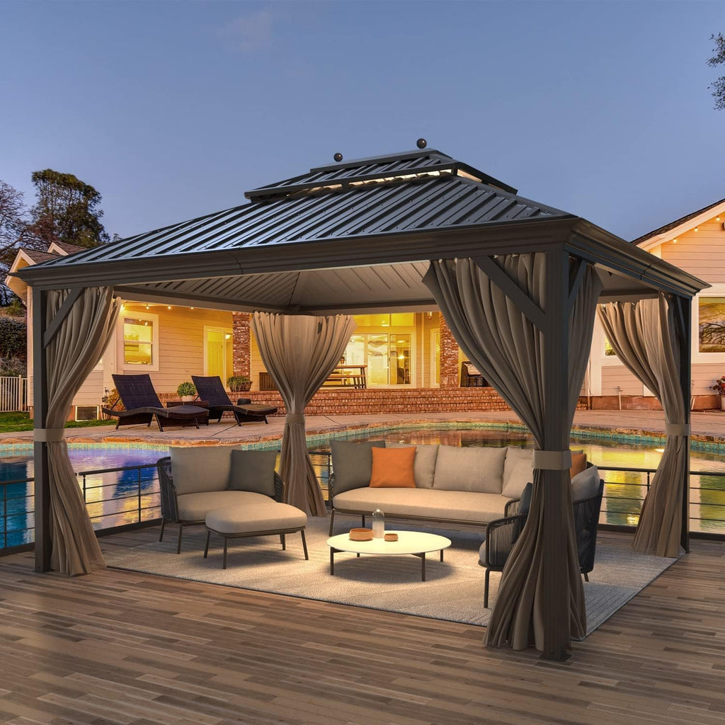 MELLCOM 12' x 14' Hardtop Gazebo, Brown Permanent Pavilion Gazebos with Curtains and Netting, Galvanized Steel Metal Double Roof with Aluminum Frame for Patios, Gardens, Lawns