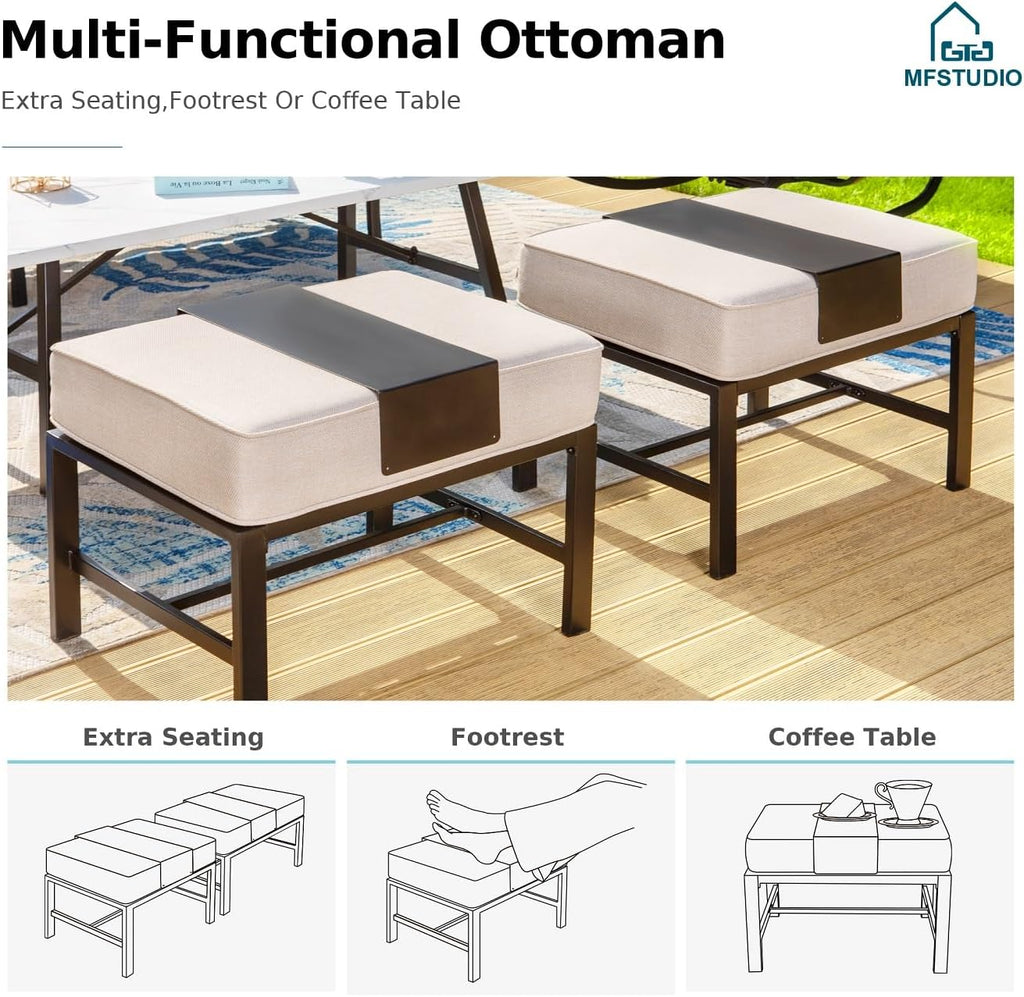 MFSTUDIO 8 Pieces Patio Furniture Sets with 45' Gas Fire Pit Table(Up to 9 Seat), Outdoor Metal Conversation Sofas with 1 x 3-Seat Sofa, 2 Single Chairs, 2 Rocking Chairs and 2 Ottoman, Beige Cushion