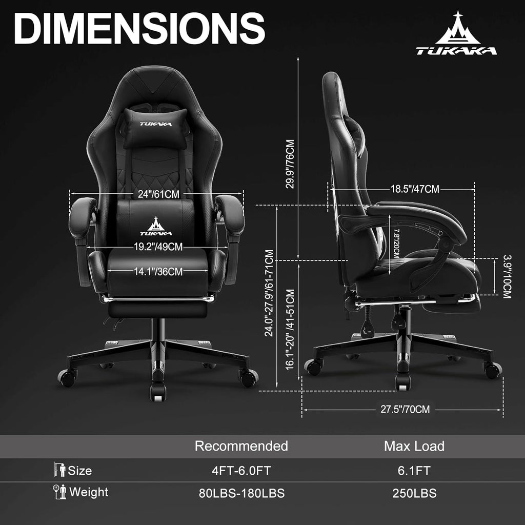 Gaming Chair,Ergonomic Massage Computer Office Desk Chair with Footrest,Pocket Spring Cushion,Reclining Leather Adjustable Gamer Chair with Headrest and Lumbar Support,Black