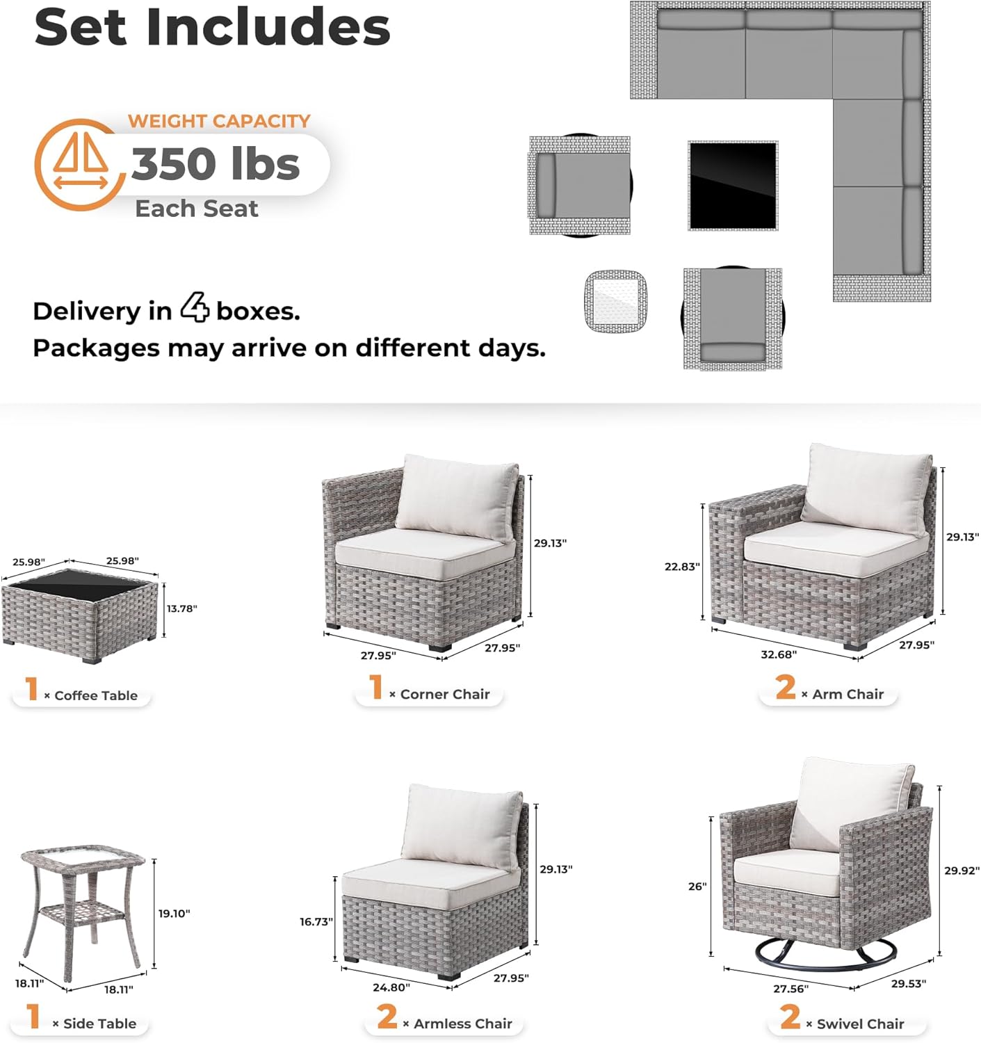 ovios 9 Pieces Patio Furniture Set, Outdoor Wicker Sectional Sofa with 2 Swivel Chairs Coffee Table, Modern Modular Deep Seat Rattan Couch Conversation Sets, Beige