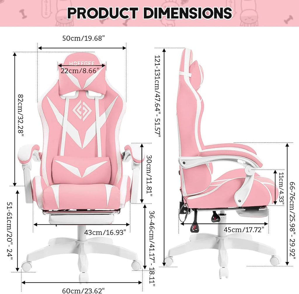 HOFFREE Gaming Chair with LED RGB Lights Massage Ergonomic Video Game Chairs with Footrest High Back Reclining Computer Chair with Adjustable Lumbar Support Pink and White
