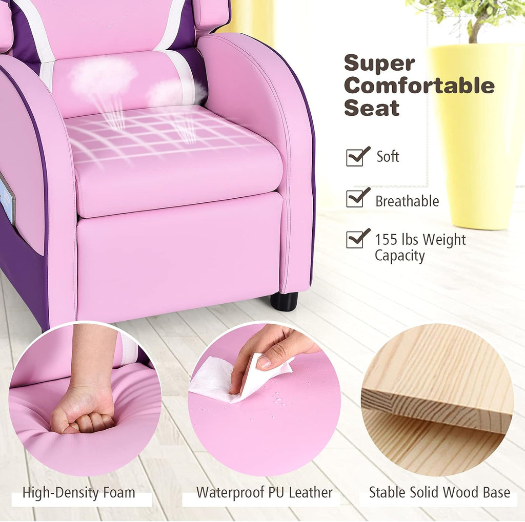 Costzon Kids Recliner, Gaming Recliner Chair w/Footrest, Headrest, Lumbar Support & Side Pockets, Ergonomic Leather Lounge Chair for Living & Gaming Room, Adjustable Recliner Sofa for Boys Girls, Pink