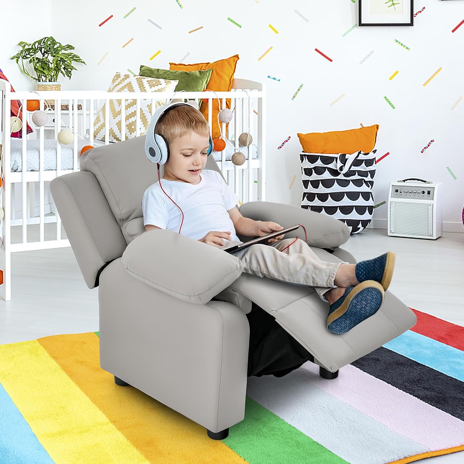 Costzon Kids Recliner, Leather Recliner Chair w/Footrest, Armrest Storage, Headrest & Lumbar Support, Ergonomic Lounge Chair for Living & Gaming Room, Adjustable Recliner Sofa for Boys Girls (Gray)