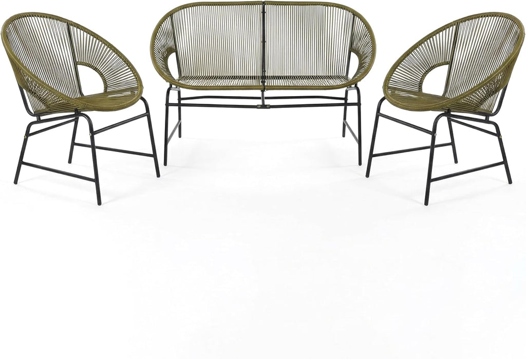 Christopher Knight Home Dessa 3 Piece Patio Furniture Set, Patio Wicker Accent Chair Set of 2 and Loveseat, Metal Frame 4 Seater Outdoor Papasan Lounge Chair Set, PE Rattan Outdoor Bistro Set, Green