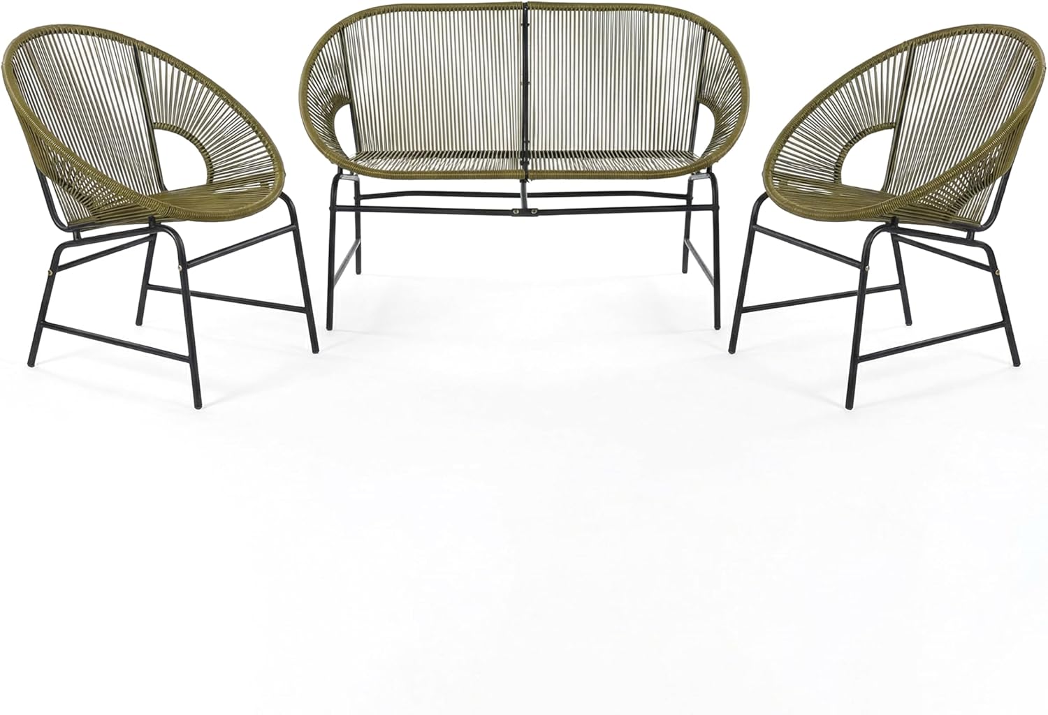 Christopher Knight Home Dessa 3 Piece Patio Furniture Set, Patio Wicker Accent Chair Set of 2 and Loveseat, Metal Frame 4 Seater Outdoor Papasan Lounge Chair Set, PE Rattan Outdoor Bistro Set, Green