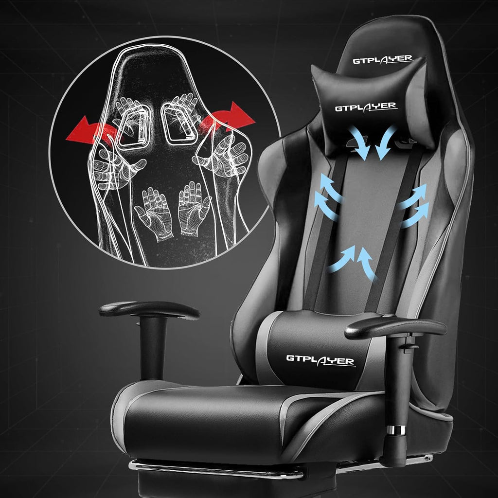 GTPLAYER Gaming Chair with Footrest, Ergonomic Computer Game Desk Chair, Recline Gaming Chair Seat Height Adjustment, Swivel Rocker with Headrest and Lumbar (Gray)