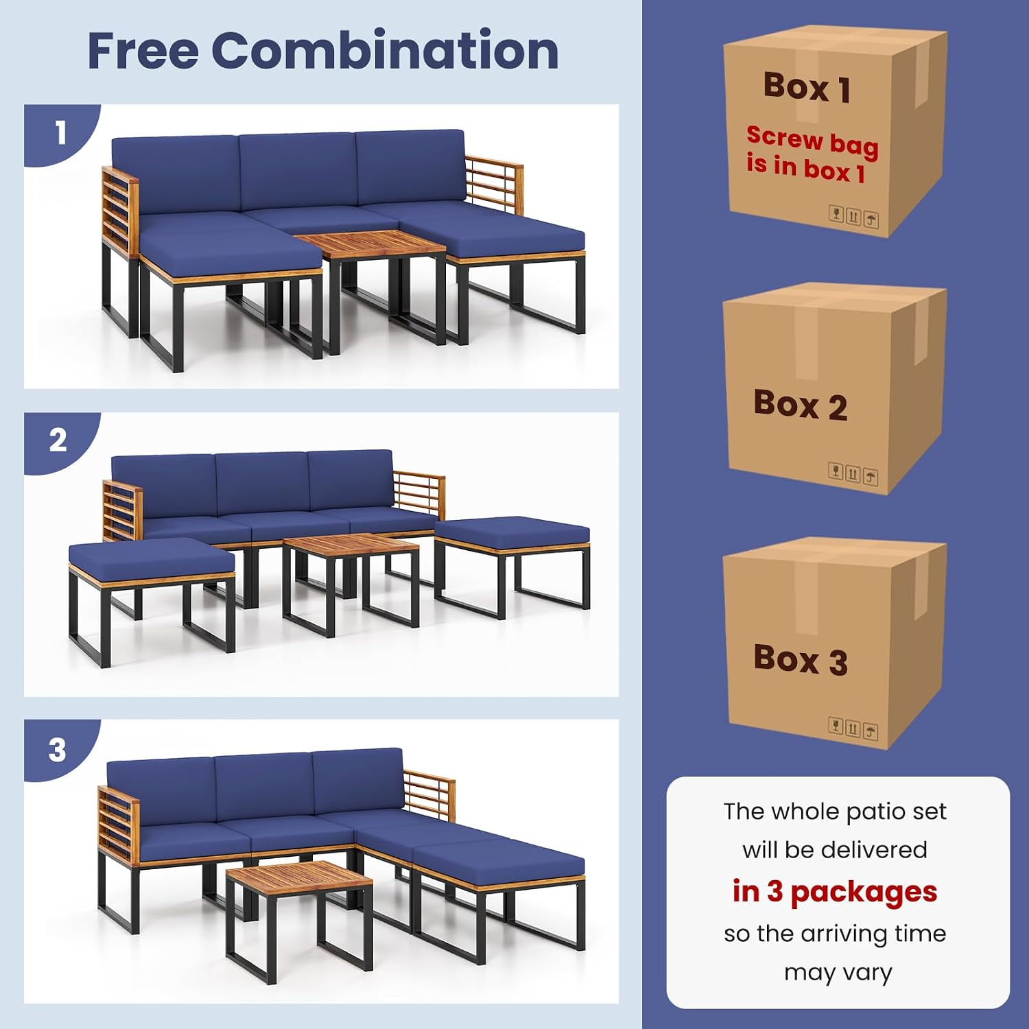Tangkula 6 Pieces Acacia Wood Patio Furniture Set, Outdoor Sectional Conversation Sofa Set with Cushions, Coffee Table and Ottomans, Metal Frame Patio Sofas for Garden, Poolside, Backyard, Navy