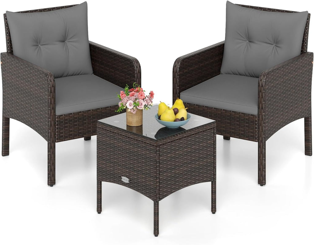 Tangkula 3 Pieces Patio PE Wicker Furniture Set, Outdoor Bistro Conversation Set with Cushions and Tempered Glass Coffee Table, Outside Rattan Table and Chairs for Porch (Gray)