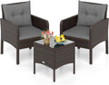 Tangkula 3 Pieces Patio PE Wicker Furniture Set, Outdoor Bistro Conversation Set with Cushions and Tempered Glass Coffee Table, Outside Rattan Table and Chairs for Porch (Gray)