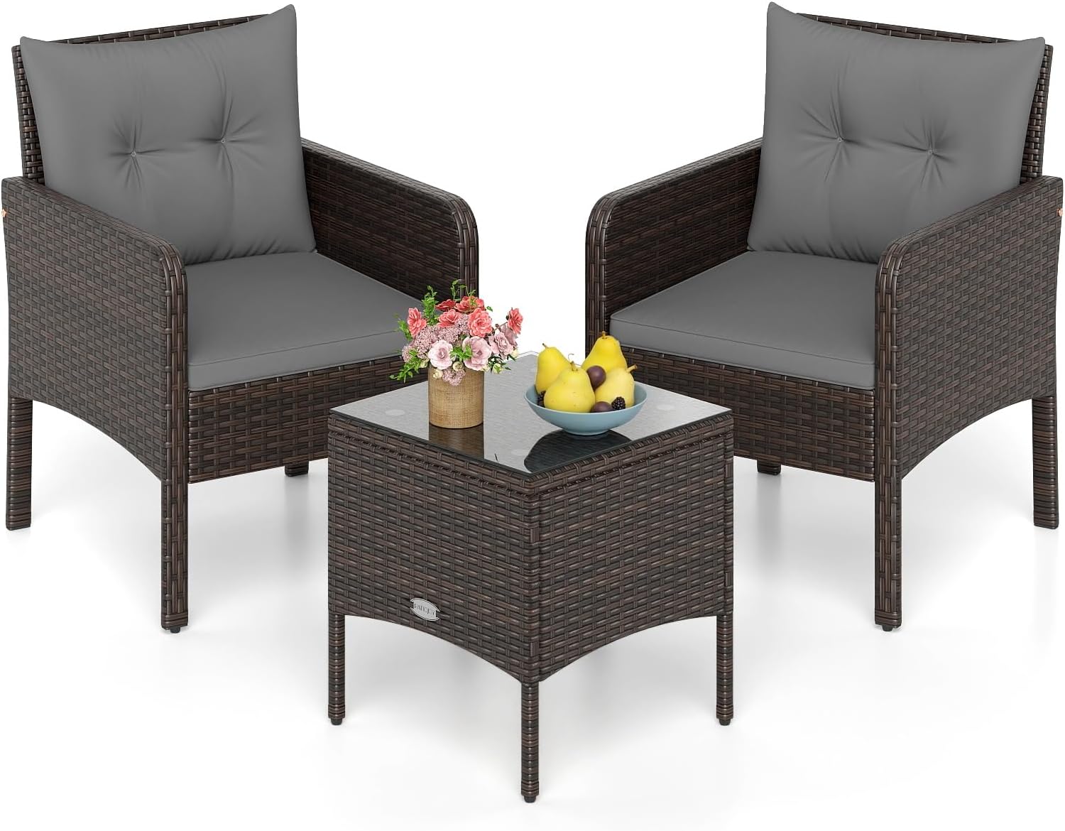 Tangkula 3 Pieces Patio PE Wicker Furniture Set, Outdoor Bistro Conversation Set with Cushions and Tempered Glass Coffee Table, Outside Rattan Table and Chairs for Porch (Gray)