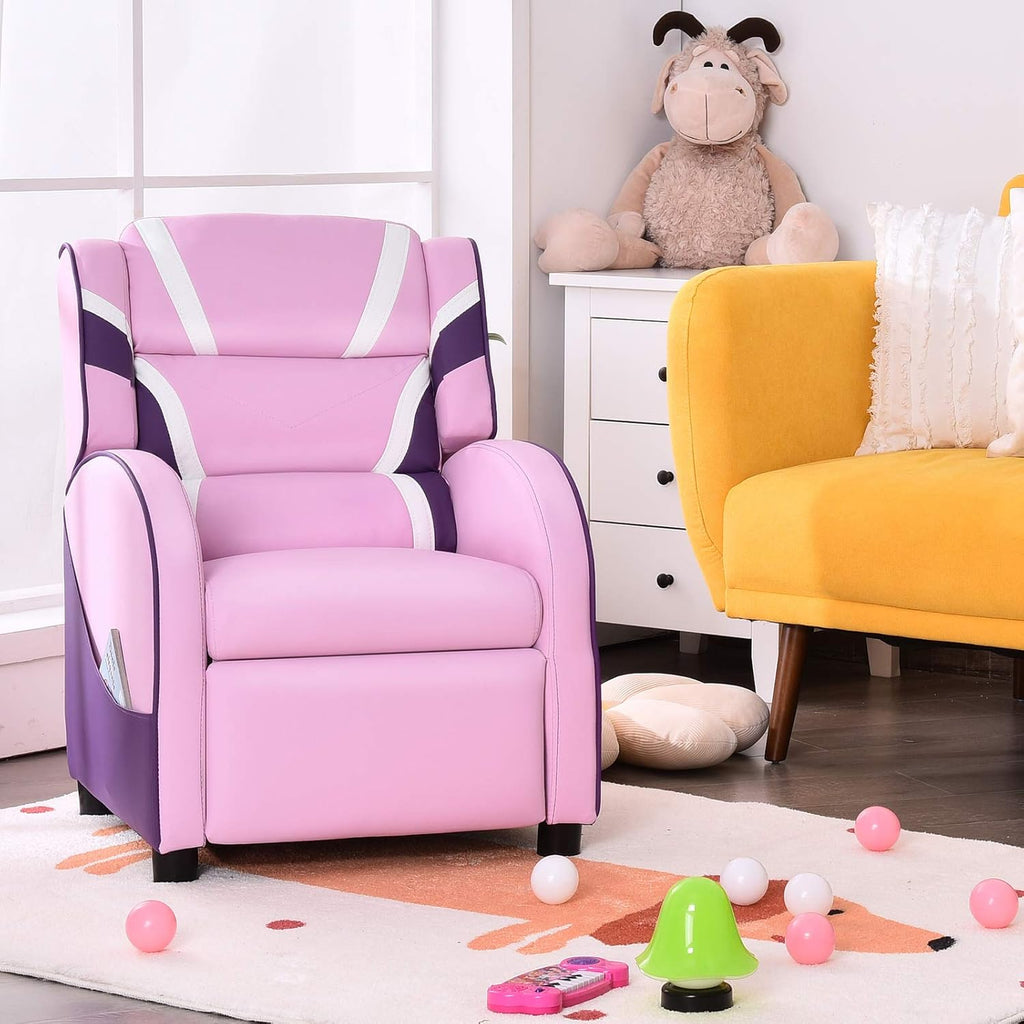 Costzon Kids Recliner, Gaming Recliner Chair w/Footrest, Headrest, Lumbar Support & Side Pockets, Ergonomic Leather Lounge Chair for Living & Gaming Room, Adjustable Recliner Sofa for Boys Girls, Pink