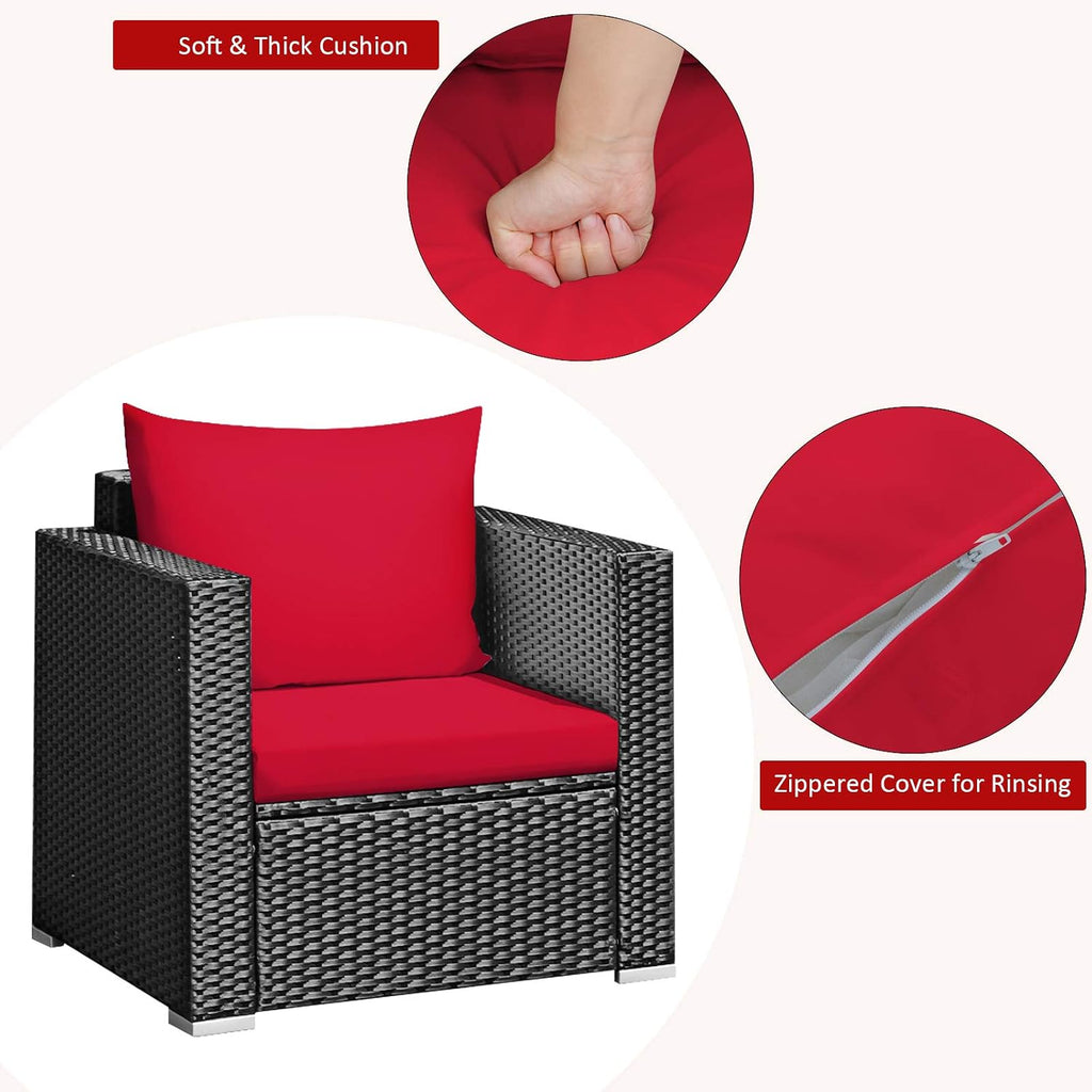 COSTWAY 3-Piece Outdoor Patio Furniture Set, Cushioned Armchairs and Tempered Glass Coffee Table, Wicker Rattan Sofa Set for Garden, Balcony, Backyard (Red)