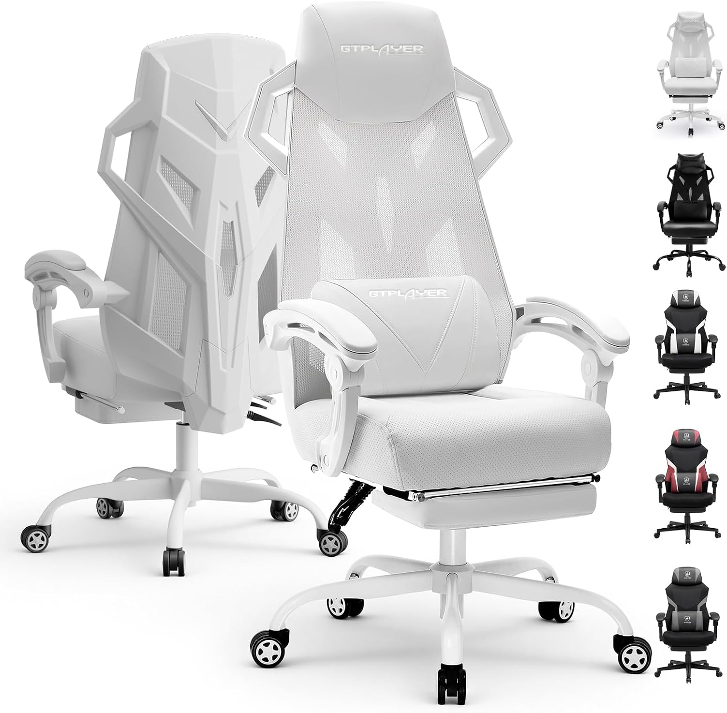 GTPLAYER Computer Chair with Adjustable Footrest, Ergonomic Gaming Chair with Headrest and Lumbar Support, Breathable Mesh Office Chair for Adults, High Back Reclining Desk Chair for Gaming and Office