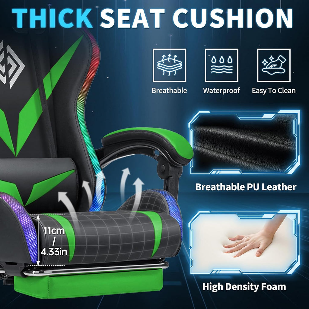 RGB Gaming Chair with LED Lights and Massage Ergonomic Computer Chair with Footrest High Back Video Game Chair with Adjustable Lumbar Support Linkage Armrest Green and Black