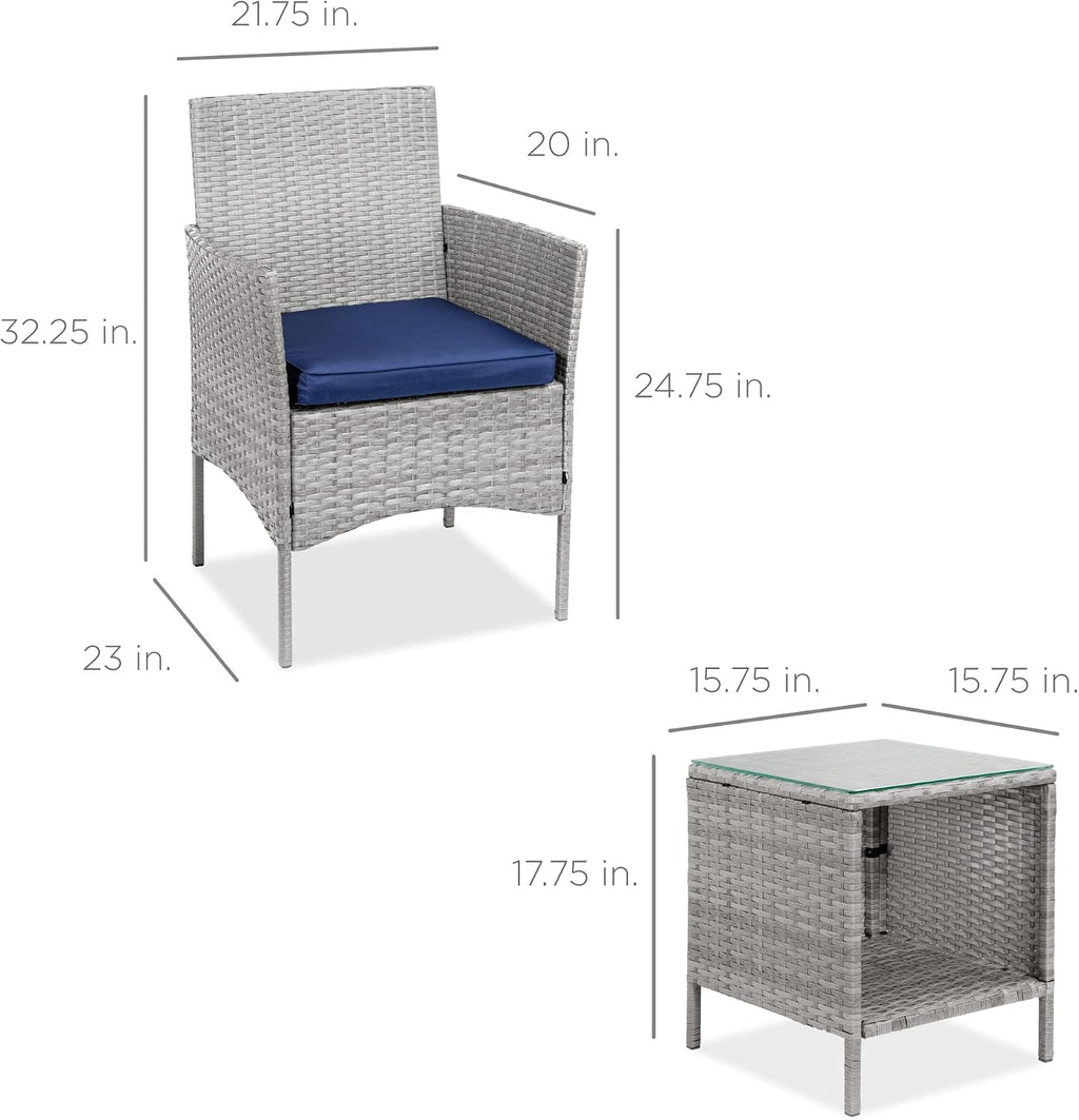 Best Choice Products 3-Piece Outdoor Wicker Conversation Bistro Set, Space Saving Patio Furniture for Garden w/Side Table - Gray/Navy