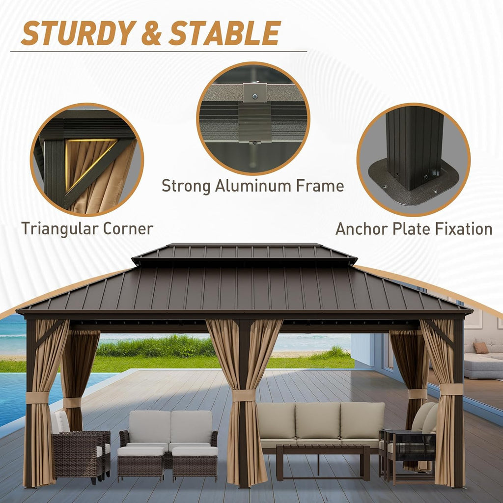 12x18 Hardtop Gazebo with Netting and Curtains, Galvanized Steel Double Roof Outdoor Pavilion with Aluminum Frame, Patio Gazebo for Deck, Garden, Lawn, Dark Brown/Tan