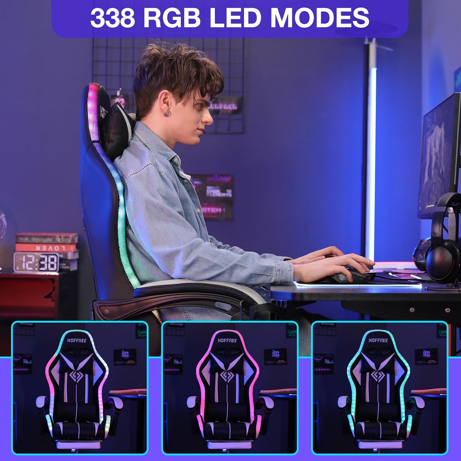 RGB Gaming Chair with LED Lights Massage Ergonomic Computer Gaming Chair High Back Video Game Chair with Footrest and Adjustable Lumbar Support Linkage Armrest Gamer Chairs for Adults White and Black