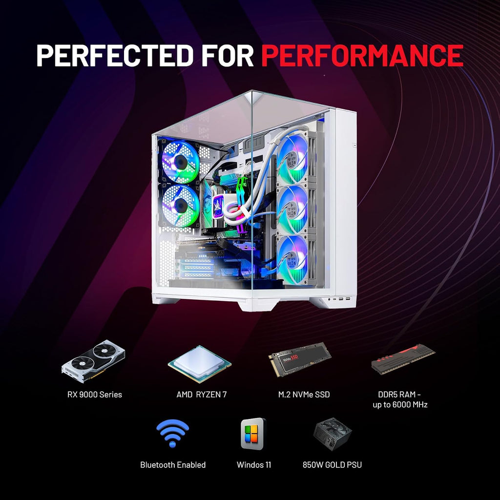 Skytech Gaming O11 Vision Desktop PC, Ryzen 7 9800X3D 4.7 GHz (5.2 GHz), AMD RX 9070XT 16GB, 2TB Gen4 NVMe SSD, 32GB DDR5 RAM 6000 RGB, 850W Gold ATX 3 PSU, 360mm ARGB AIO, Wi-Fi, Win 11