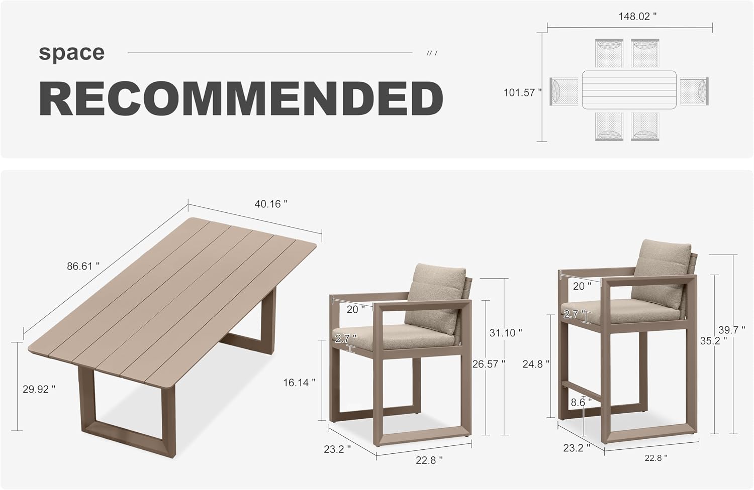PURPLE LEAF Outdoor Dining Set for 6 Aluminum Luxury Patio Furniture Table and Chairs Set with 4 Pcs Outdoor Counter Height Stools for Backyard Porch Deck, Khaki