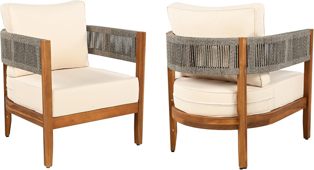 Christopher Knight Home Rekker Acacia Wood Outdoor Club Chair Set of 2, Patio Accent Chair with Removable Cushion, Patio Furniture Set Comfy Reading Chair, Wooden Single Lounge Sofa Set, Teak+Beige