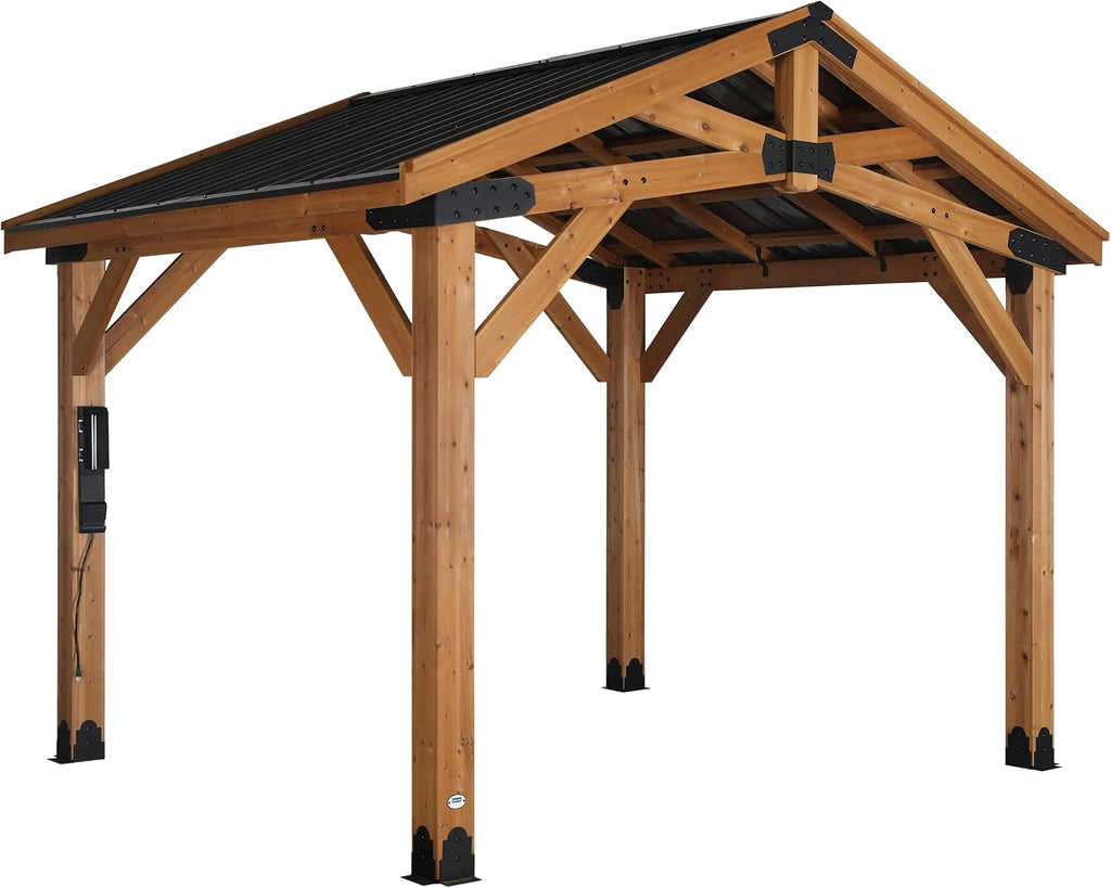 Backyard Discovery Norwood 12 ft. x 10 ft. Cedar Wood Gazebo Pavilion,Thermal Insulated Hard Top Steel Roof, Durable, Supports Snow Loads and Wind Speed, Rot Resistant, Backyard, Deck, Garden, Patio