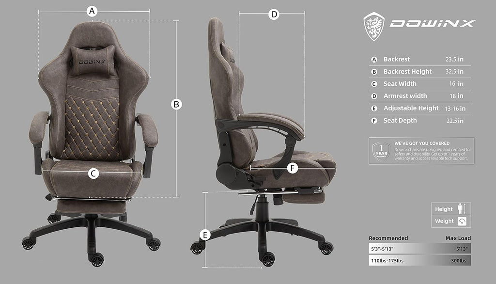 Dowinx Gaming Chair Big and Tall, Ergonomic Game Chair for Adults with Footrest and Massage Lumbar Support, High Back Computer Gamer Chair PU Leather, 350Lbs, for Office, Home, Brown
