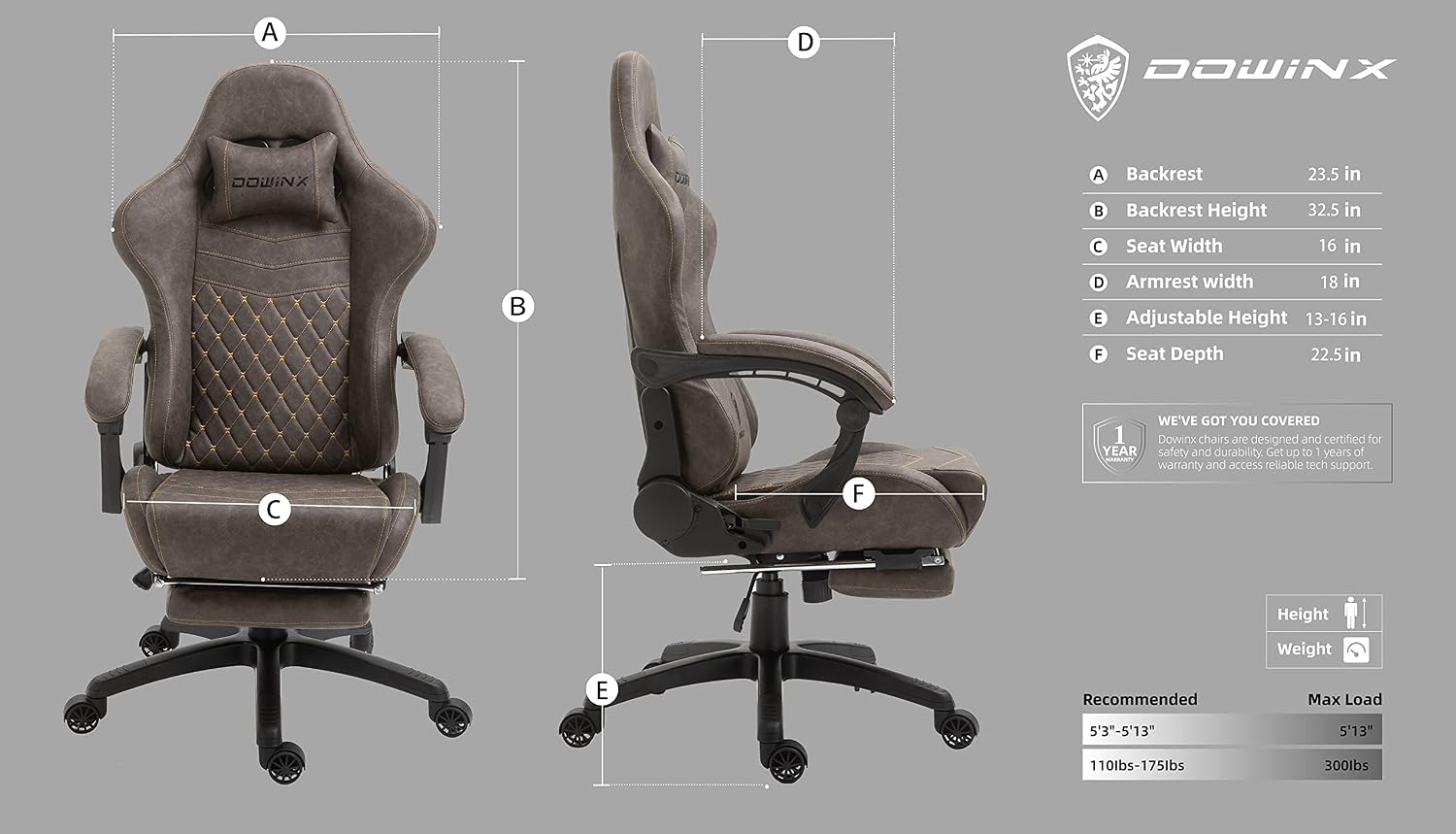 Dowinx Gaming Chair Big and Tall, Ergonomic Game Chair for Adults with Footrest and Massage Lumbar Support, High Back Computer Gamer Chair PU Leather, 350Lbs, for Office, Home, Brown