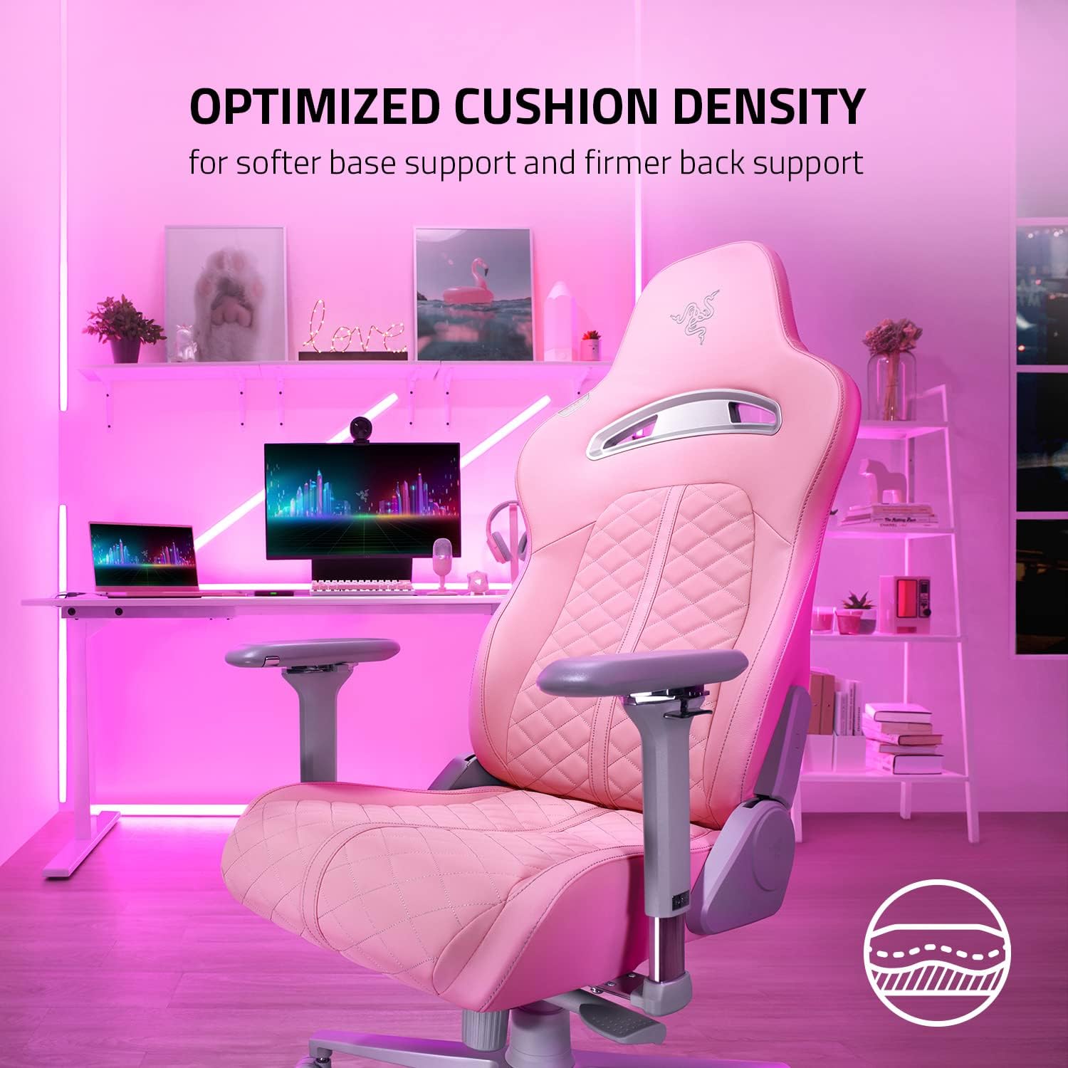 Razer Enki Gaming Chair: All-Day Comfort - Built-in Lumbar Arch - Optimized Cushion Density - Dual-Textured, Eco-Friendly Synthetic Leather - Reactive Seat Tilt & 152-Degree Recline - Pink