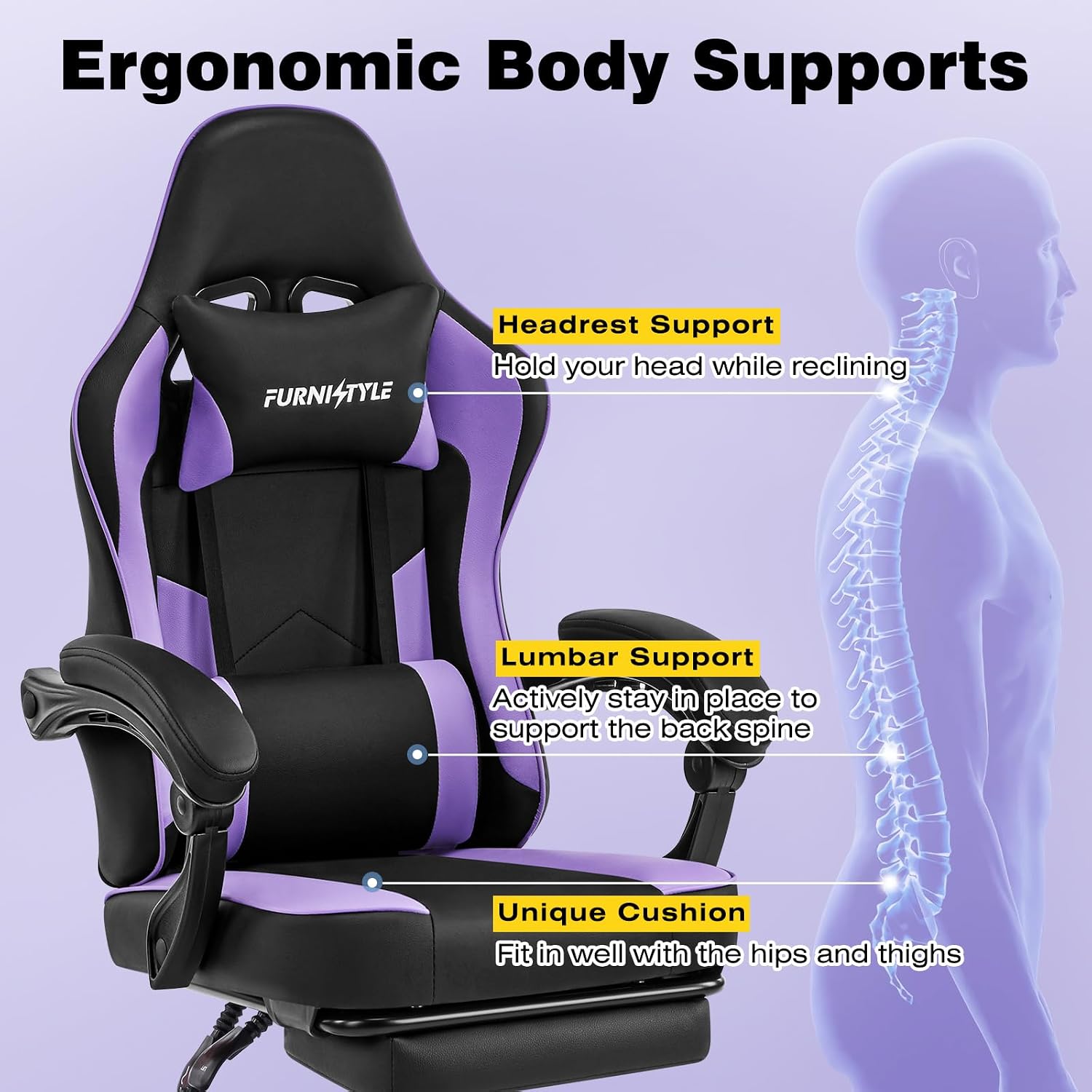 Gaming Chair, Purple Gaming Chairs for Adults Teens, High-Back Ergonomic Computer Chair with Extended Footrest, Removable Headrest & Lumbar Support, Wide PU Leather Reclining Desk Chair