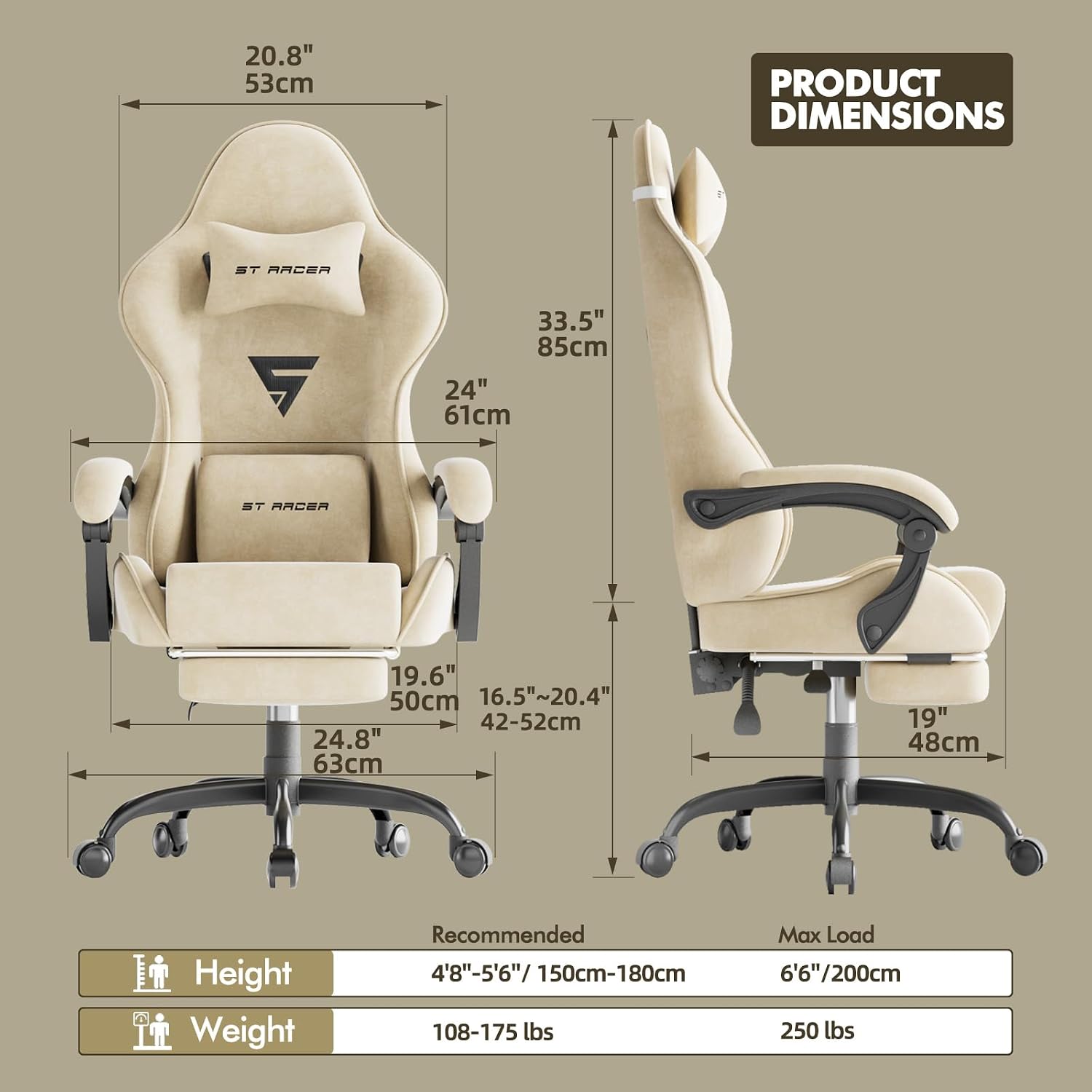 Ferghana Velvet Fabric Ergonomic Gaming Chair with Footrest and Massage, High Back Reclining Computer Gamer Chair for Adult, Racing Style PC Video Game Chair Suitable for Home Office (Beige)