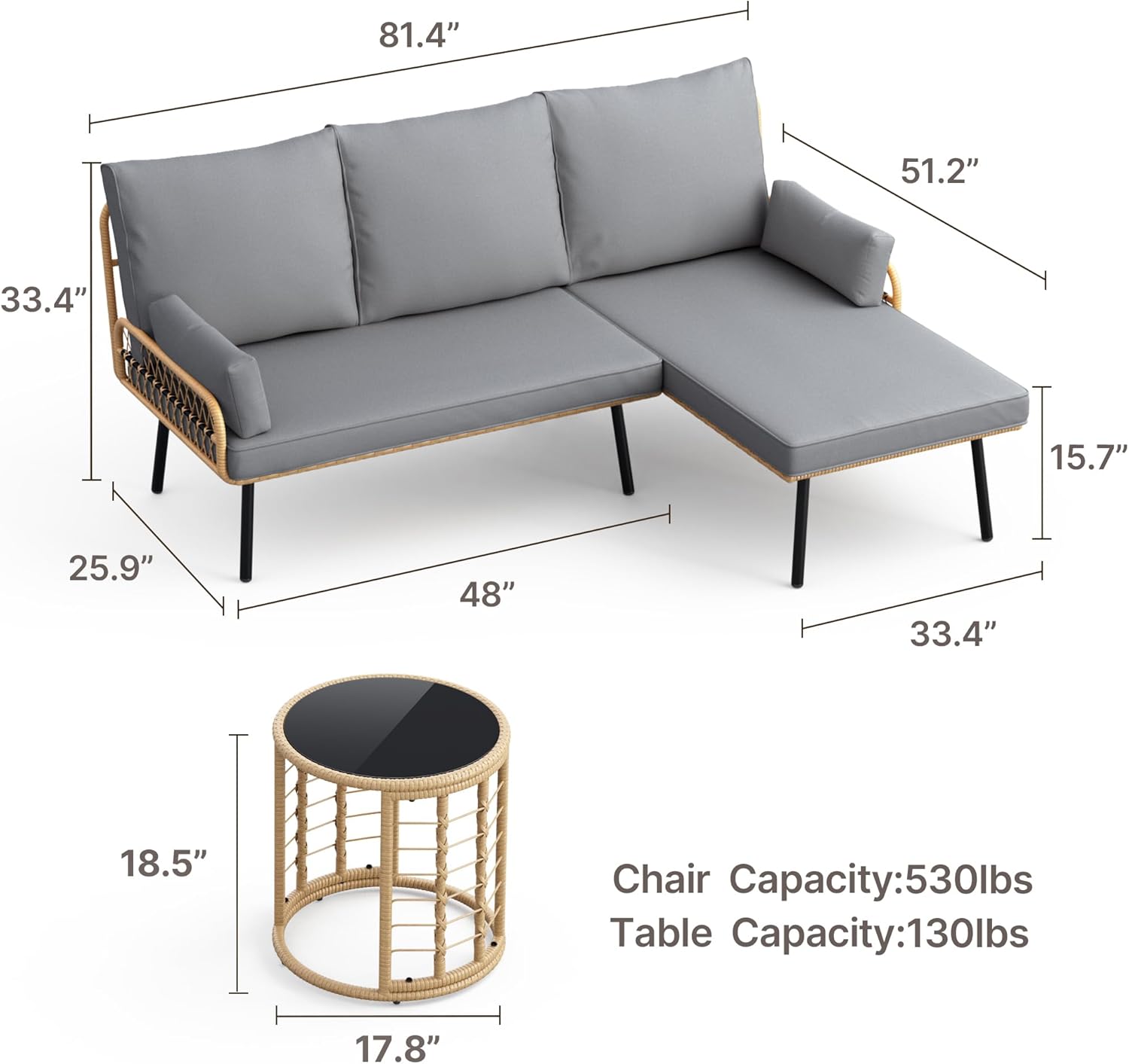 Gizoon 3-Piece Outdoor Patio Furniture Set, All-Weather PE Wicker L-Shaped Conversation Sofa with Thick Cushions & Glass Table, for Backyard, Porch, Balcony, Poolside (Grey)